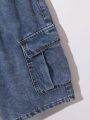 SHEIN Tween Boys' Fashionable Casual Washed Denim Shorts With Tool Pockets