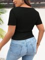 SHEIN Frenchy Plus Size Women's Summer V-Neck Arc Hem Solid Short Sleeve T-Shirt
