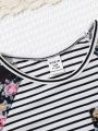 SHEIN Baby Girl's Casual Knit Striped Top With Floral Insert Short Sleeve Tee