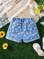 SHEIN Young Girl's Comfortable Soft Denim Shorts With Flower Print And Wash Effect