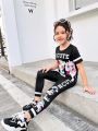 SHEIN Kids Cooltwn Young Girl Cool Street Style Spring/Summer Knit Round Neck Short Sleeve T-Shirt And Legging Set