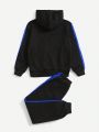 SHEIN Tween Boy Casual Comfortable Side Contrast Stitching Warm Fleece Lined Hoodie And Pants Set
