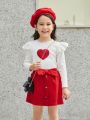 SHEIN Kids KDOMO Toddler Girls' Casual Flying Sleeve Heart Pattern T-Shirt, Skirt, Hat 3pcs/Set