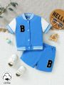 SHEIN 2pcs/Set Baby Boys' Casual Sports Embroidered Baseball Collar Short Sleeves Jacket And Shorts Set, Perfect For Outing