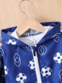 Toddler Boys' Casual Geometric Printed Hooded Jacket And Shorts Set With Fashionable Artistic Design