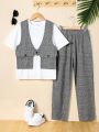 SHEIN Kids Academe 3pcs/Set Tween Boys' Loose Fit School Style Crew Neck Plain Short Sleeve T-Shirt, Plaid Vest And Long Pants