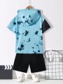 SHEIN Kids QTFun Tween Boy's Tie-Dye & Patchwork Emoticon Printed Hoodie And Shorts Set