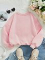Young Girls' Casual Heart Pattern Long Sleeve Crew Neck Sweatshirt, Suitable For Autumn And Winter
