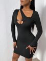 SHEIN SXY Ladies' Solid Color Hollow Out Asymmetrical Neck Bodycon Dress