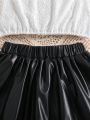 SHEIN Kids CHARMNG Big Girls' Lace Tank Top & Pu Leather Skirt Set