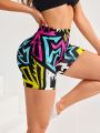SHEIN Yoga High Street Colorful Printed Tight Sports Shorts