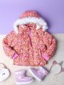 Little Girls' Floral Print Hooded Coat With Fur Collar