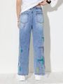Teen Boy New Casual & Fashionable Graffiti Splatter Design Washed Denim Straight Leg Jeans, All Seasons