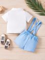 Baby Boy'S Cute Bow Tie Short Sleeve Shirt And Suspender Shorts For Summer