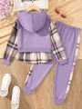 SHEIN Kids QTFun Teen Girls' Casual Solid Color And Plaid Patchwork Two Piece Set For Autumn And Winter
