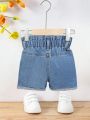 Baby Girl's Casual And Cute Star Printed Denim Shorts With Rolled Hem And Flower Bud Waist