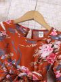 Young Girl Floral Print Flounce Sleeve Pleated Hem Belted Dress