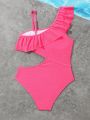 Tween Girls' One Piece Swimsuit With Solid Color And Ruffled Hem Design