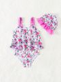 Baby Girls' One-Piece Bathing Suit With Floral Print And Ruffle Hem, With Swim Cap