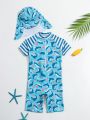 Young Boy's Striped Shark Printed One-Piece Swimwear With Hat