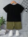 SHEIN Kids QTFun Young Boy Cartoon Bear And Letter Print Short Sleeve T-Shirt And Shorts, Casual And Comfortable Outfit
