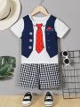 SHEIN Kids EVRYDAY Toddler Boys' Stylish Casual Two Piece Set With Printed Short-sleeved T-shirt And Plaid Shorts