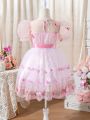 SHEIN Kids CHARMNG Young Girl's Butterfly Applique Mesh Spliced Puff Sleeve Dress
