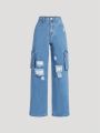 SHEIN Teen Girl Ripped Flap Pocket Side Cargo Jeans