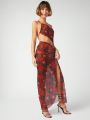 Free Soul Allover Print One Shoulder Drawstring Ruched Split Thigh Mesh Maxi Dress