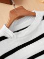 SHEIN Teen Girls' Casual Loose Fit Round Neck Striped Pullover Sweater With Contrast Colors