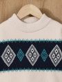 Young Boys' Geometric Pattern Round Neck Casual Sweater