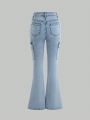Teenage Girls' Casual And Fashionable Frayed Hem Flare Jeans, Water Wash
