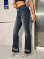 SHEIN BAE Dark Washed Frayed High Waisted Flared Jeans With Rhinestone Embellishment