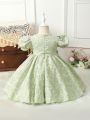Baby Girls' Puff Sleeve Textured Jacquard Dress With Bow Decoration