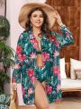 SHEIN Swim Vcay Plus Size Solid Color Halter Neck Top And Tropical Print Triangle Bikini Bottom Swimsuit Set With Kimono