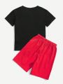 SHEIN Kids HYPEME Boys Car & Letter Graphic Tee & Drawstring Waist Shorts