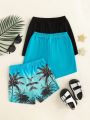Baby Boys' Tropical Coconut Tree Printed Casual Shorts 3pcs/Set For Spring And Summer Vacation