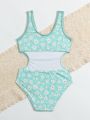 Girls' Daisy Pattern Printed One-Piece Swimsuit For Kids