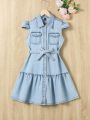Tween Girls' Casual Vacation Style Light Blue Washed Flying Sleeves Belted Denim Dress