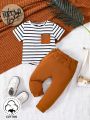SHEIN Baby Boy's Casual Striped Fabric Pocket Top And Pants Outfit, Daily Wear, Suitable For Going Out