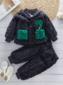 Kids' Winter Dinosaur Embroidery Cable Flannel Coat And Pants Set