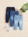 SHEIN Baby Girl's Stretchy Slim Fit Three-Piece Set, Including Trendy, Water-Washed, Comfortable & Soft Jeans