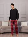 Men'S Solid Color Long-Sleeved T-Shirt And Plaid Trousers Loungewear Set