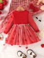 Toddler Girls' Long Sleeve Patchwork Heart Mesh Tulle Letter Dress With Matching Headband Accessory
