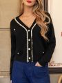 SHEIN Frenchy Color-block V-neck Cardigan Sweater With Stripe Detail