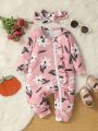 Baby Girl Floral Printed Zipper Front Jumpsuit With Headband