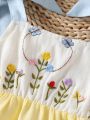 Summer New Arrival Baby Girl Embroidery Color Block Cake Camisole Dress With Hat
