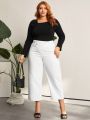 SHEIN LUNE Plus Size Women's High Waisted Irregular Hem Cropped Jeans
