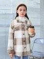 SHEIN Tween Girl Plaid Print Drop Shoulder Fleece Coat