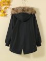 SHEIN Tween Girl Flap Pocket Fuzzy Trim Hooded Thermal Lined Coat